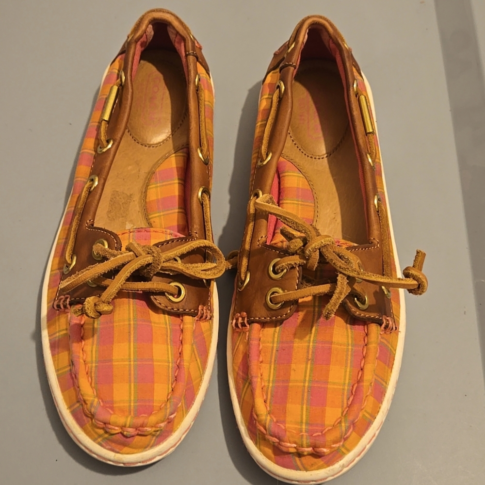 Vintage Coach Pink & Orange Plaid, Richelle Boat Deck Loafers Size 6